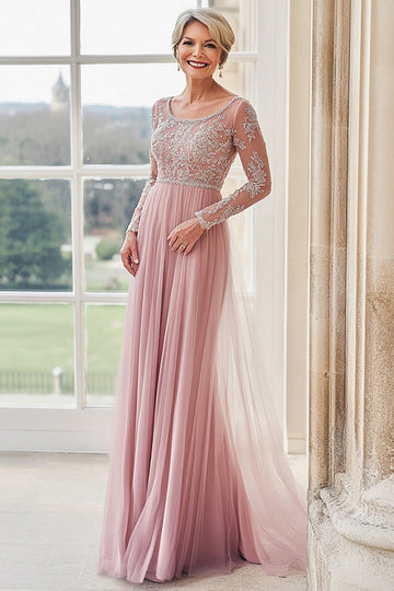 Elegant Blush Båthals Applique Slire Lang mor til bruden med lange ermer